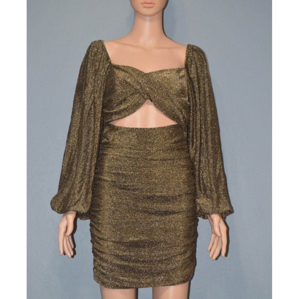 Forever 21 Sz Small Gold Metallic Cut Out Balloon Sleeves Cocktail Mini Dress